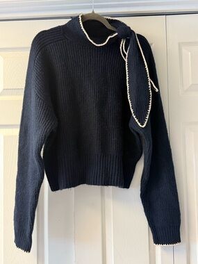 Zara Navy Ribbed Knit Sweater with Cream Trim and Neck Tie